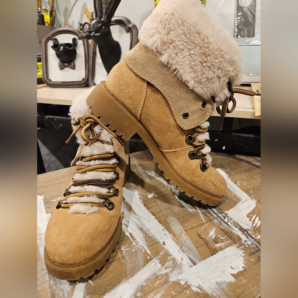 Maurices Fuzzy Tan Boots.